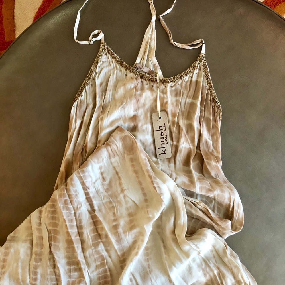 Tie-dye Maxi dress w/beaded details at neckline.